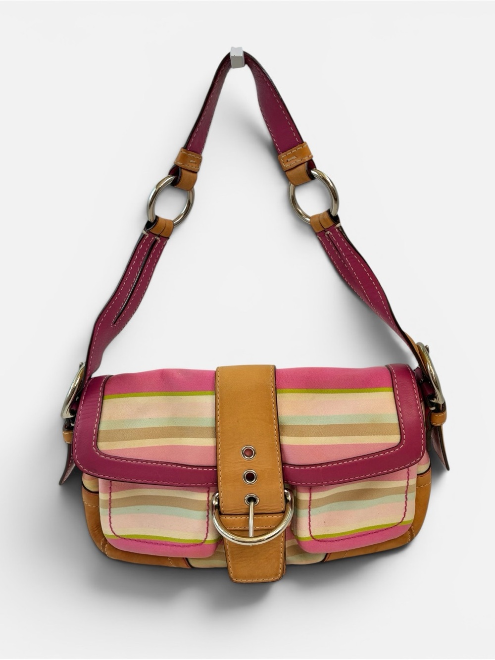 Coach Pink, Tan & Green Striped Hobo Shoulder Bag